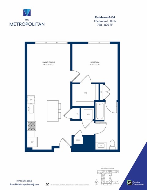 Floor plan for 1 bed, 1 bath, 829 sqft